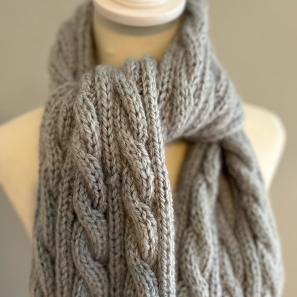 Hand knit scarf in an 3 cable pattern. Soft in a gorgeous gray/blue. 66” x 6” - Picture 4 of 5